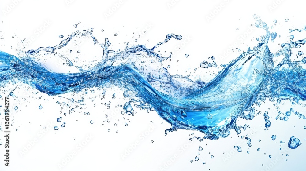 Poster blue water swirl splash with little bubbles isolated on clear png background, liquid flowing in form