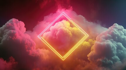 Vibrant neon diamond shape surrounded by colorful clouds, creating a dreamy and surreal atmosphere