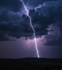 A jagged lightning bolt illuminates a stormy, dark landscape with brooding cumulonimbus clouds, atmospheric pressure, sky, shadow