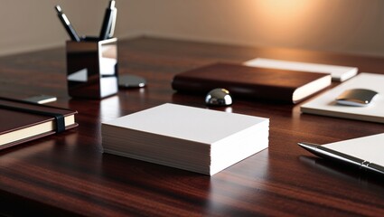 Desk workspace with stationery and notebooks on a wooden table, office mockup  