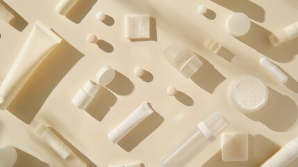 Modern flat display of various medical plasters, cream tubes and lozenges on a smooth cream surface.