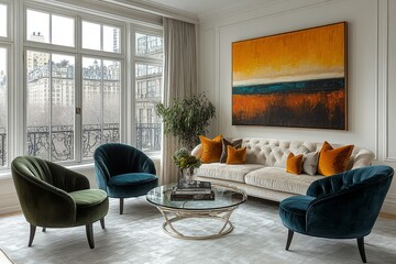 Elegant and modern living room with velvet armchairs in green, blue, grey, yellow, glass coffee table, large windows, and natural light.