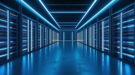Glowing server racks in a modern data center, showcasing advanced technology and digital infrastructure.