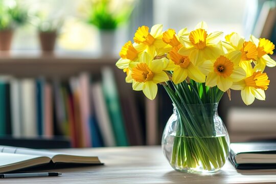 Still life with bright yellow daffodils in a glass vase on a wooden table indoor