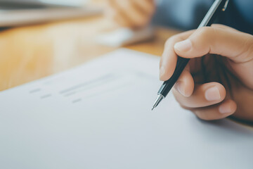 Close-up of hand holding pen writing on white paper with blurred background and soft natural light, Concept of planning, documentation and formal writing process.