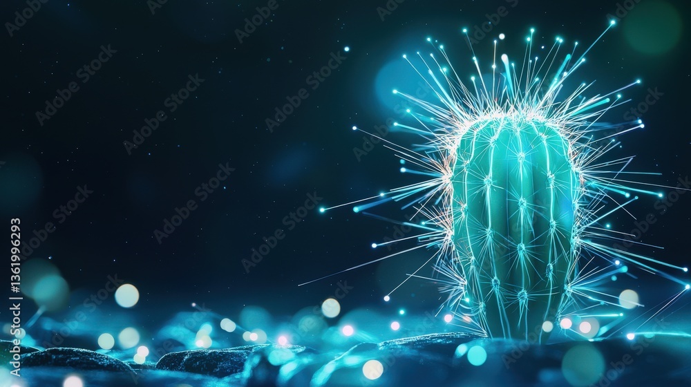 Poster abstract cactus surrounded by holographic erp data projections