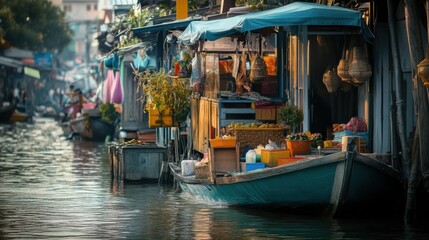 Obraz premium Vibrant Floating Market with Colorful Stalls on Calm Waterway