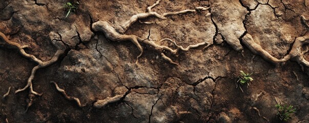 A dry, gritty soil surface texture with organic patterns that evoke raw earth.