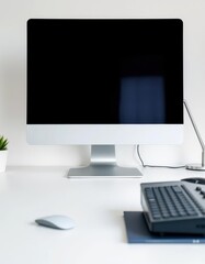 Fototapeta premium Close-up of an empty desk with a computer on a white background, desktop, clean, illuminated
