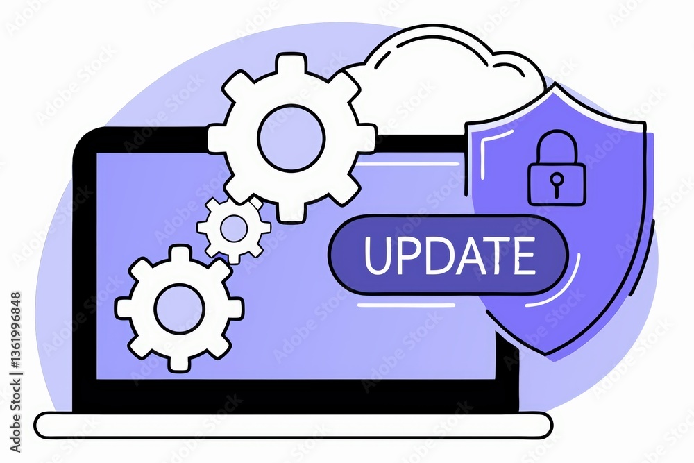 Poster a digital illustration of a laptop displaying gears and a shield, symbolizing security updates and s