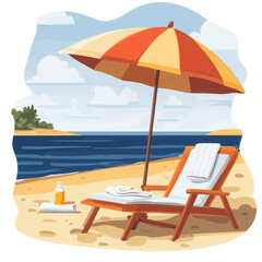 Serene beach getaway with sunshade, sunbed, and tranquil ocean views depicted in vector art isolated on transparent background