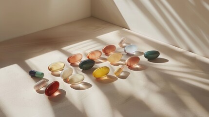 Photograph of various nutritional supplements and colorful tablets, glossy capsules and vitamin pills scattered on a matte beige surface.