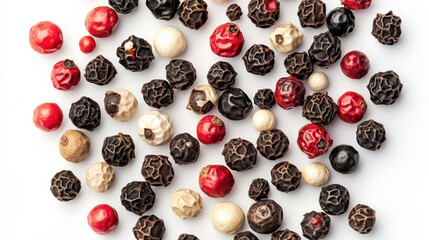 A vibrant assortment of red, black, white, and green peppercorns displayed on a white background, showcasing an array of colors and textures for culinary inspiration.