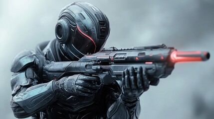 Futuristic soldier aiming laser rifle.