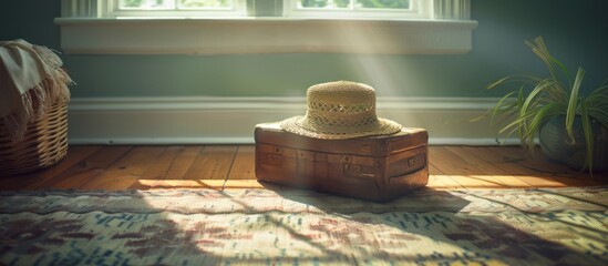 Sunlit room, straw hat on wooden chest, rug.