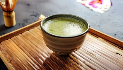A beautifully crafted ceramic cup filled with vibrant green matcha tea which is healthy, green tea, advertisement, promotion, japan, background.