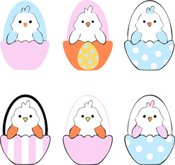 Cute Cartoon Chicks in Colorful Easter Eggs