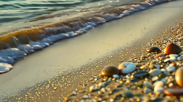 A beach with a lot of shells on the sand. The shells are of different sizes and colors