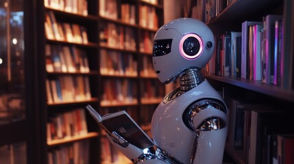 Fototapeta premium Robot in a Library: Exploring the Future of Knowledge