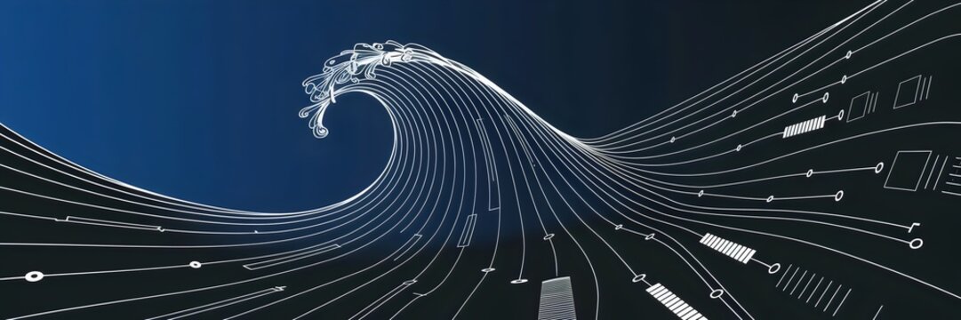 Abstract illustration of a curling wave with parallel lines and digital circuit elements &ndash; Ideal for modern tech companies or digital transformation themes.