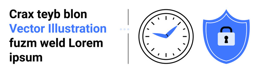 Analog clock with blue hands next to a blue shield featuring a black lock. Ideal for security, time management, productivity, safety, planning, protection, and a simple landing page