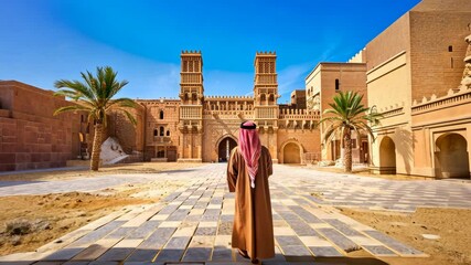 Discover a breathtaking view of the ancient fortress in AlUla, Saudi Arabia, with a captivating sky and palm trees in the surroundings