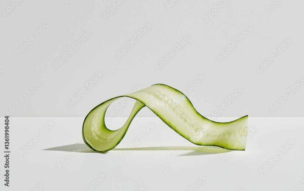 Poster close-up view of a spiraled cucumber peel on a white surface, illuminated by soft light