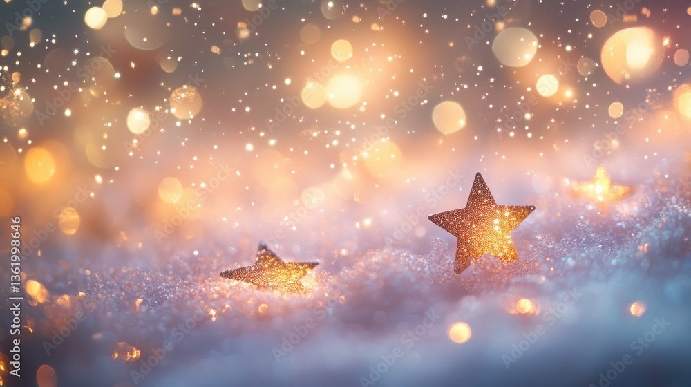 Poster soft, blurred background of white snow with bokeh lights and sparkling stars, creating an enchanting