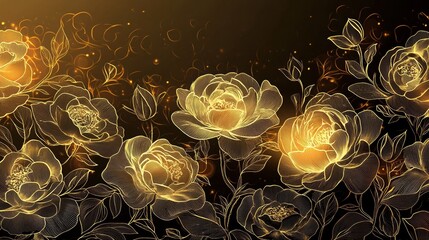 Luxury gold floral background vector. Golden gradient Roses and peonies flower line art wallpaper design for prints, cover, wall arts, greeting card, wedding cards, invitation.