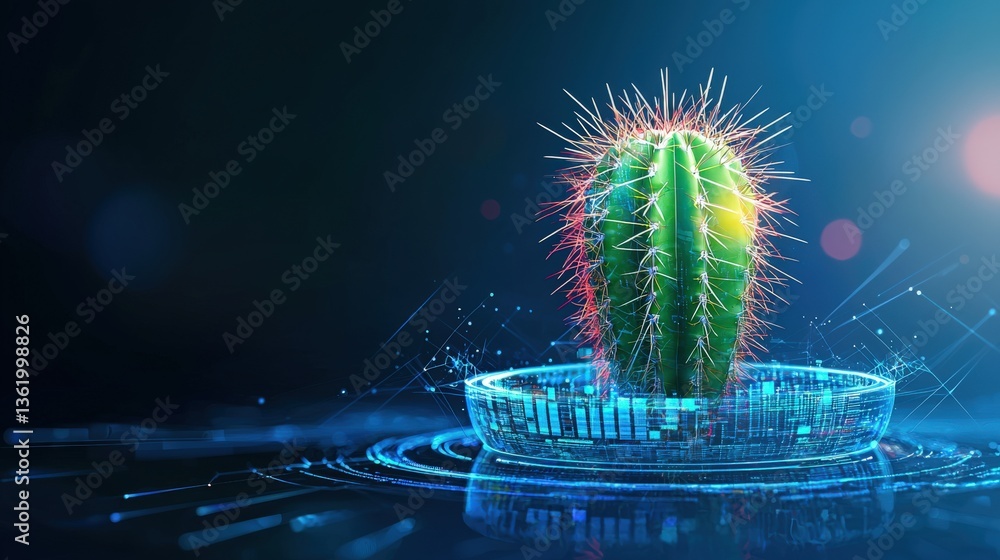 Poster abstract cactus surrounded by holographic erp data projections