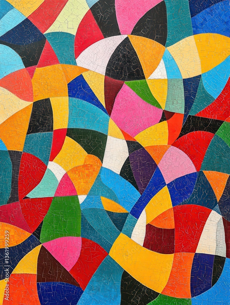 Poster a vibrant geometric pattern with intersecting colorful shapes creating an abstract mosaic.