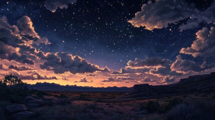 A vast expanse of night sky with fluffy clouds illuminated by a warm, ethereal glow.