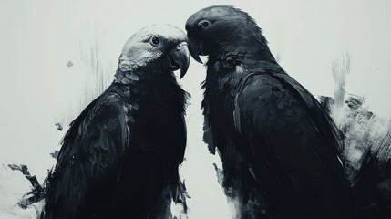pair of parrots perched together, emphasizing social interaction and bonding. |. illustration