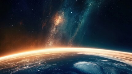 Obraz premium This breathtaking image captures the curvature of Earth set against a stunning cosmic backdrop, illustrating the beauty of our planet amidst the vast universe.