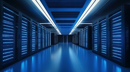Glowing server racks in a modern data center, showcasing advanced technology and digital infrastructure.