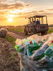 A tractor collects bags of discarded bottles at sunset, highlighting environmental concerns and agricultural practices.