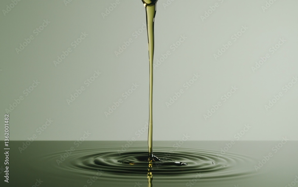 Poster amber liquid pouring into a still pool of water, creating concentric ripples. the background is a mu