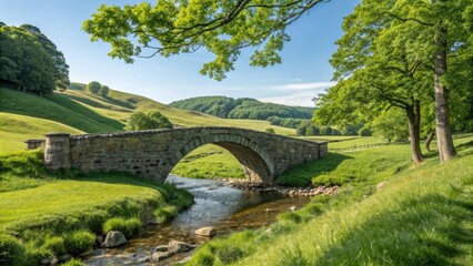 Fototapeta premium Serene stone bridge arches over a tranquil meadow creek, idyllic countryside.