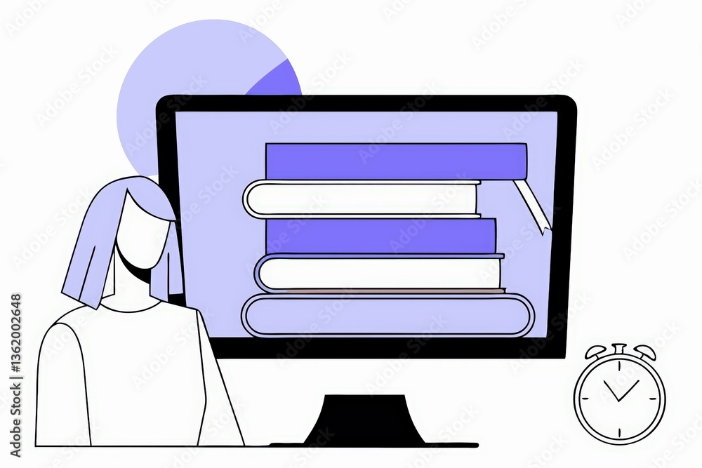 Poster a minimalist illustration of a person studying at a computer, featuring stacked books and a clock to