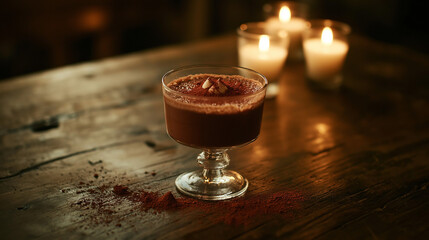 Homemade chocolate mousse dessert cozy atmosphere minimalist food photography dark chocolate layered indulgence