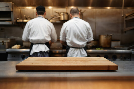 Empty cutting board in a restaurant kitchen with chefs working in background