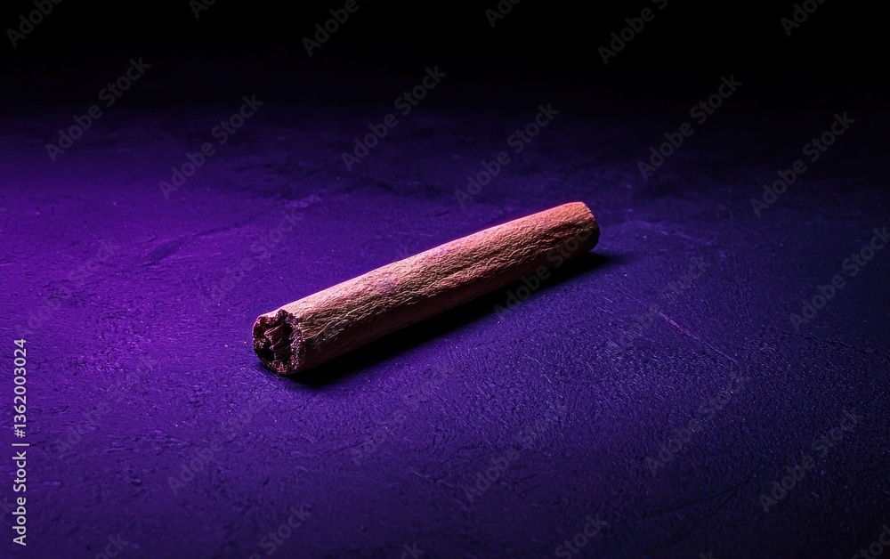 Poster close-up view of a brown cylindrical object resembling a rolled-up item, resting on a dark purple te
