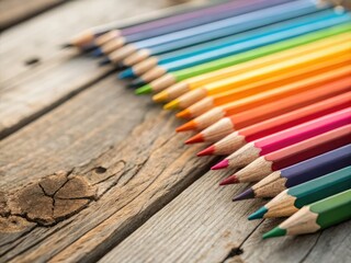 Obraz premium Vibrant colored pencils arranged on rustic wood, perfect for creative projects. Ample copy space.