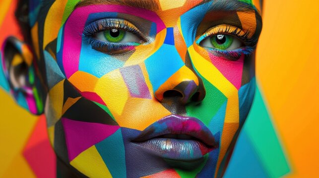 A vibrant AI-generated portrait of a person with geometric face paint and bright colors, blending into abstract shapes. illustration