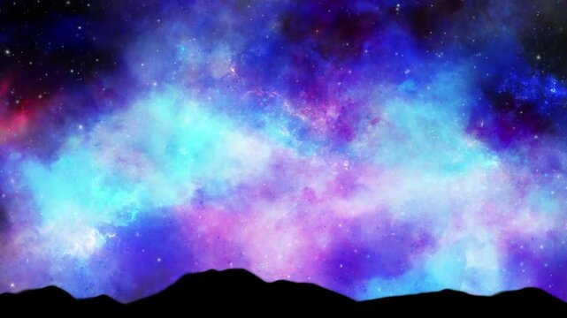神秘的で美しい不思議な星空と山のシルエットのアニメーション