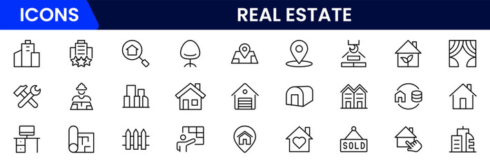 Real estate line icons collection. Big UI icon set in a flat design. Thin outline icons pack. Vector illustration