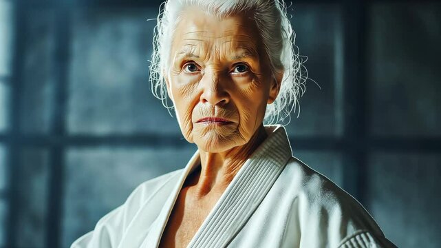 Portrait of a elderly woman in kimono with black belt practicing judo and jiu-jitsu indoors, Strength, and self-defense skills	