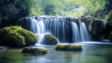 Obraz premium Scenic waterfall in lush green forest