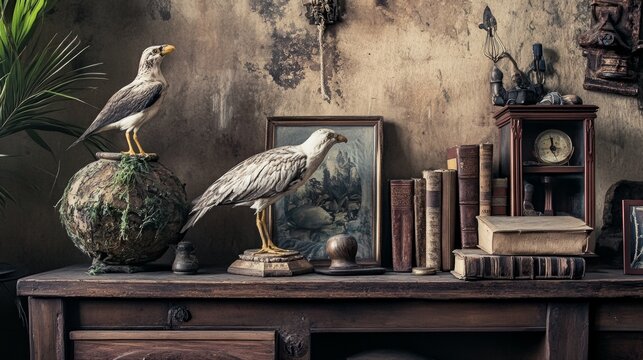 Natural history display with birds and antique books