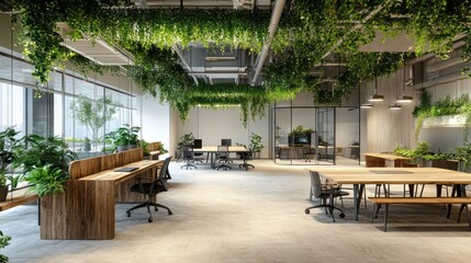 Fototapeta premium A biophilic office interior with an open ceiling design, suspended greenery, reclaimed wood tables, and earthy neutral tones complemented by